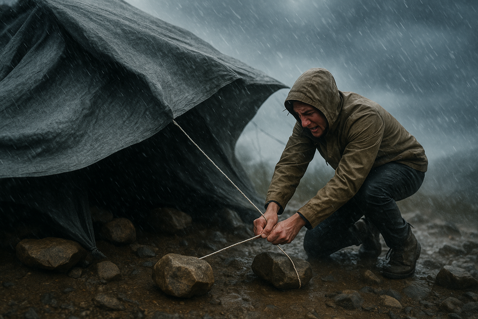 Storm Winds Threaten Your Camp? Reinforce Shelter Stability by Anchoring Clothesline to Boulders and Tent Pegs in a Pinch