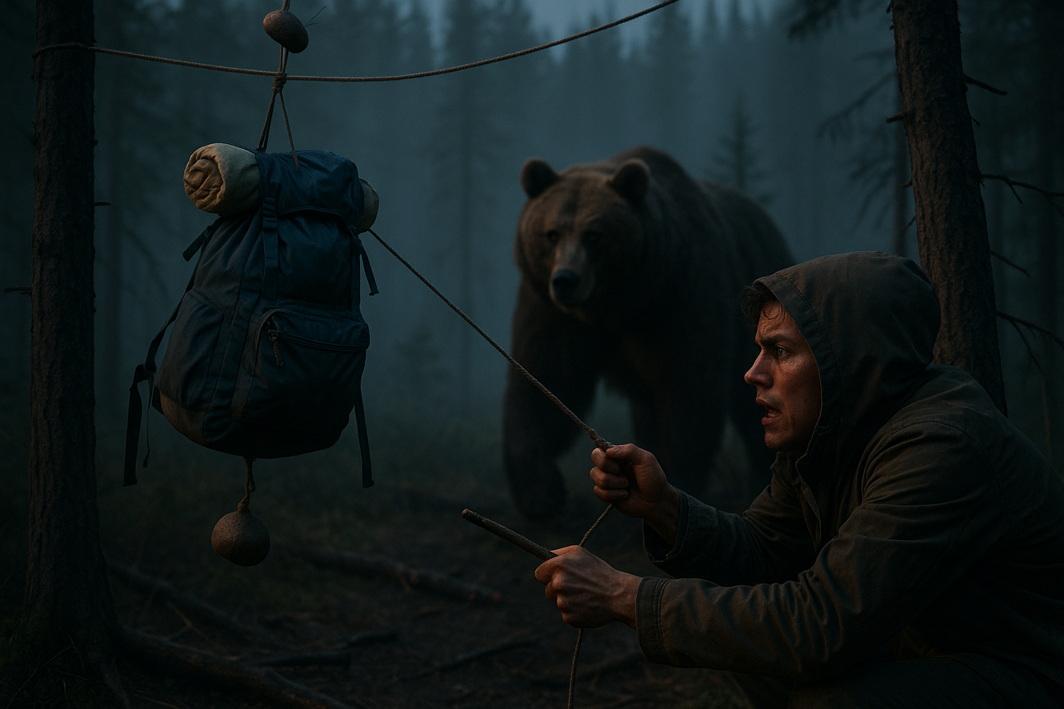 Wildlife Circling Camp? Suspend Food High with a Clever Clothesline-and-Stick Hang Using Branches and Balanced Stones