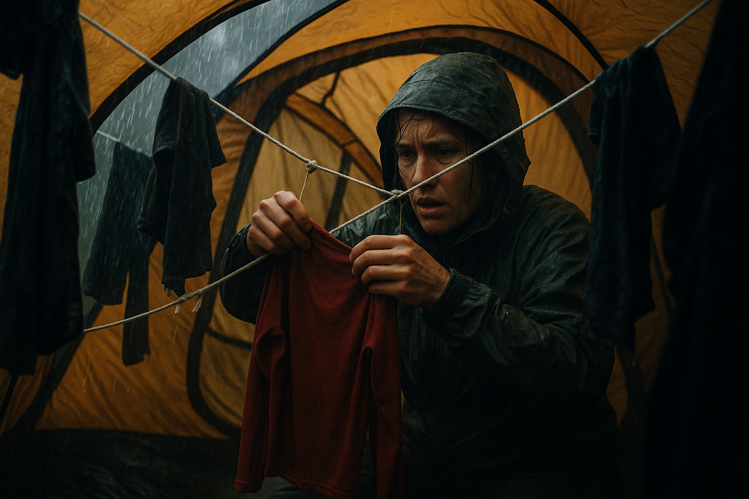 Shelter Compromised by Rain? Thread the Clothesline Through Tent Loops to Build an Interior Drying Web for Essential Layers
