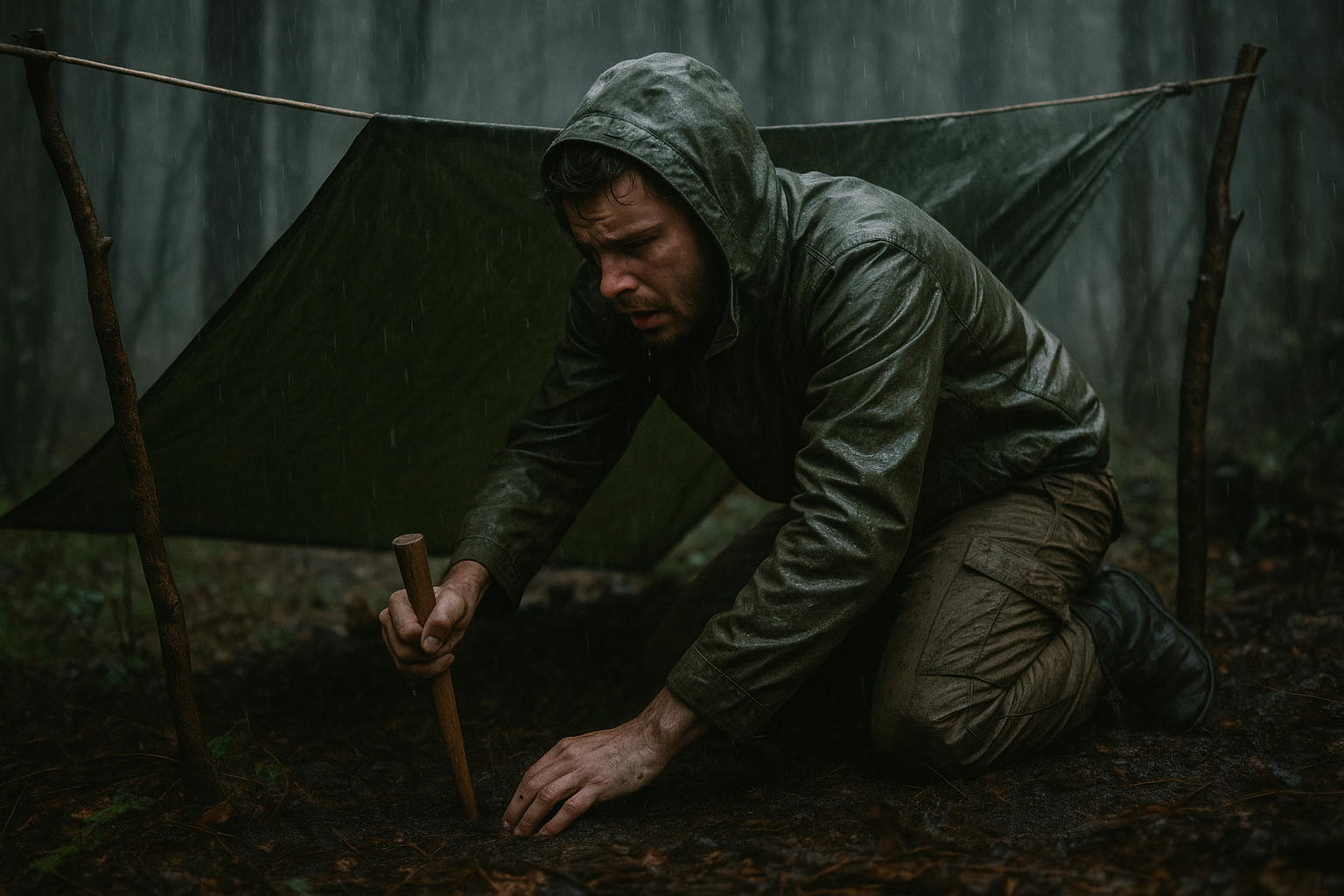 No Rope for Shelter? Transform This Compact Clothesline into a Tarp Frame Using Sticks and Ground Stakes Found Nearby